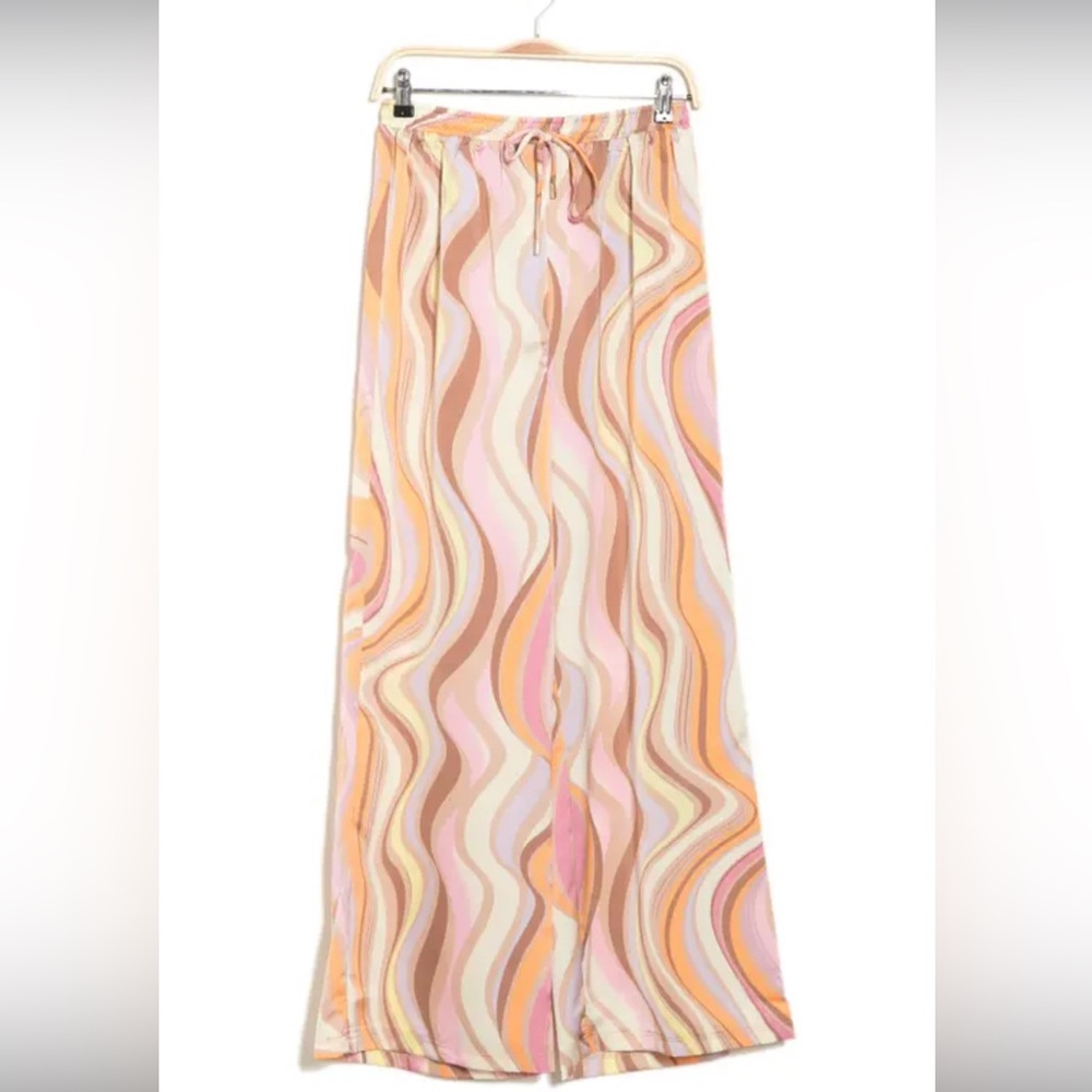 AFRM wide-leg pants, size medium, wavy pattern in brown, pink, yellow, white